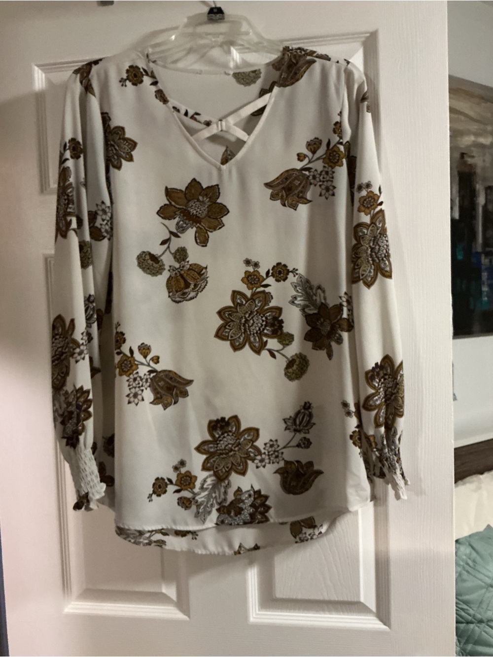 Women’s Cream Floral Crisscross Neck Blouse